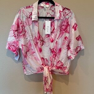 C by One Collective Pink Floral Tie-Front Button Down Crop Blouse